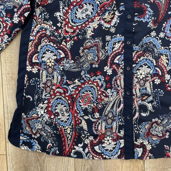 Catherines Blouse Womens 2X Paisley 3/4 Sleeve V-Neck Button Up Tunic Flowy Navy - Picture 6 of 12